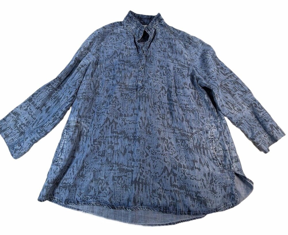 John Mark Tunic Top Womens Blue Geometric Long Sleeve High-Low Hem Size XL
